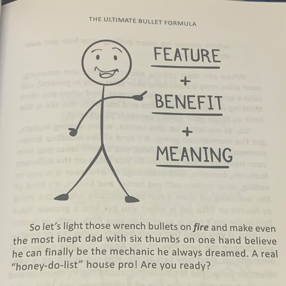 copywriting secrets book review: Feature, benefits and meaning formula