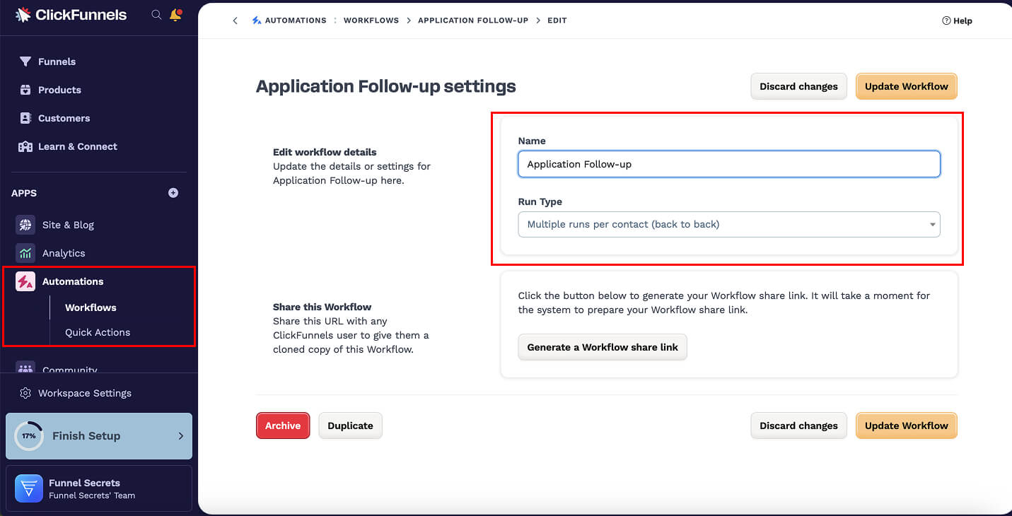create application funnel automation workflow