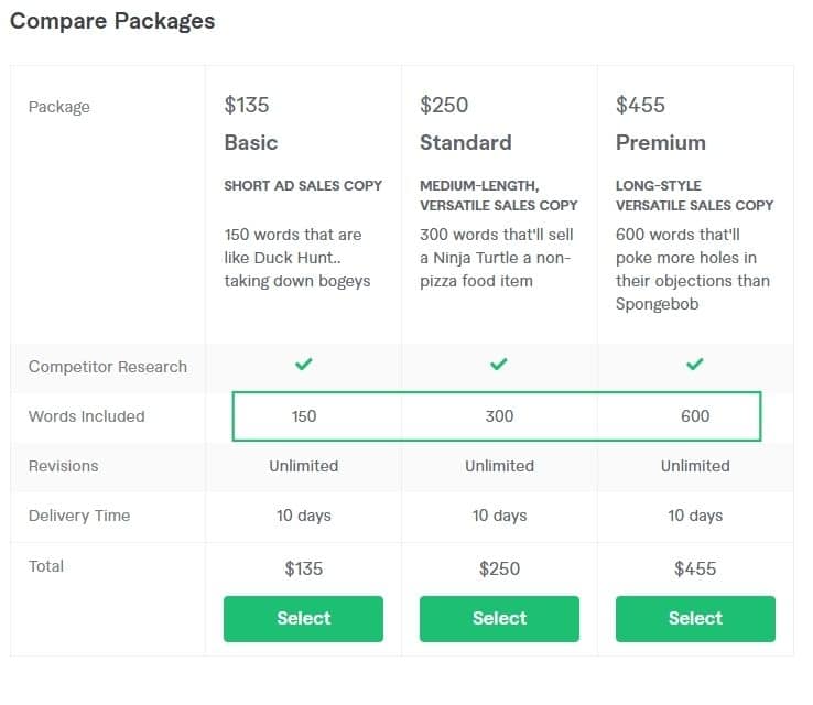 fiverr copywriting service price