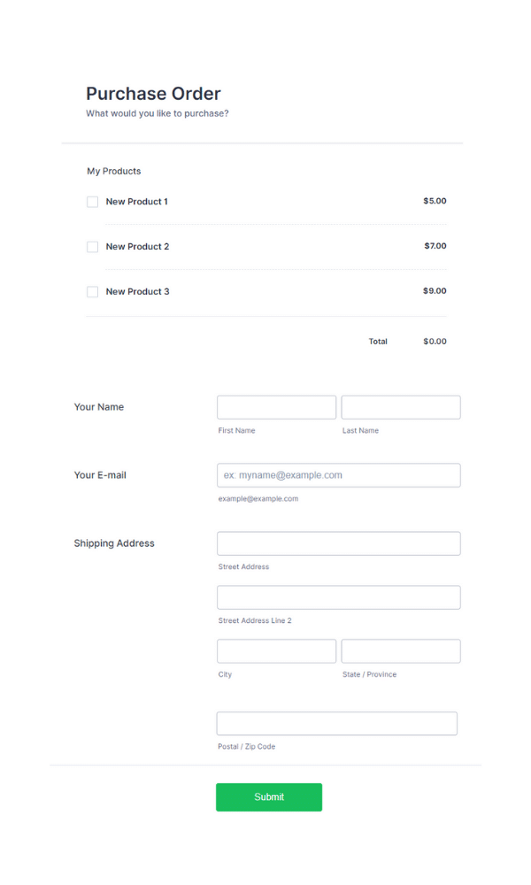 ecommerce purchase form template