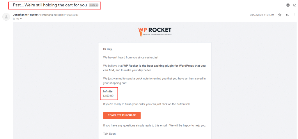 wp rocket abandone cart email