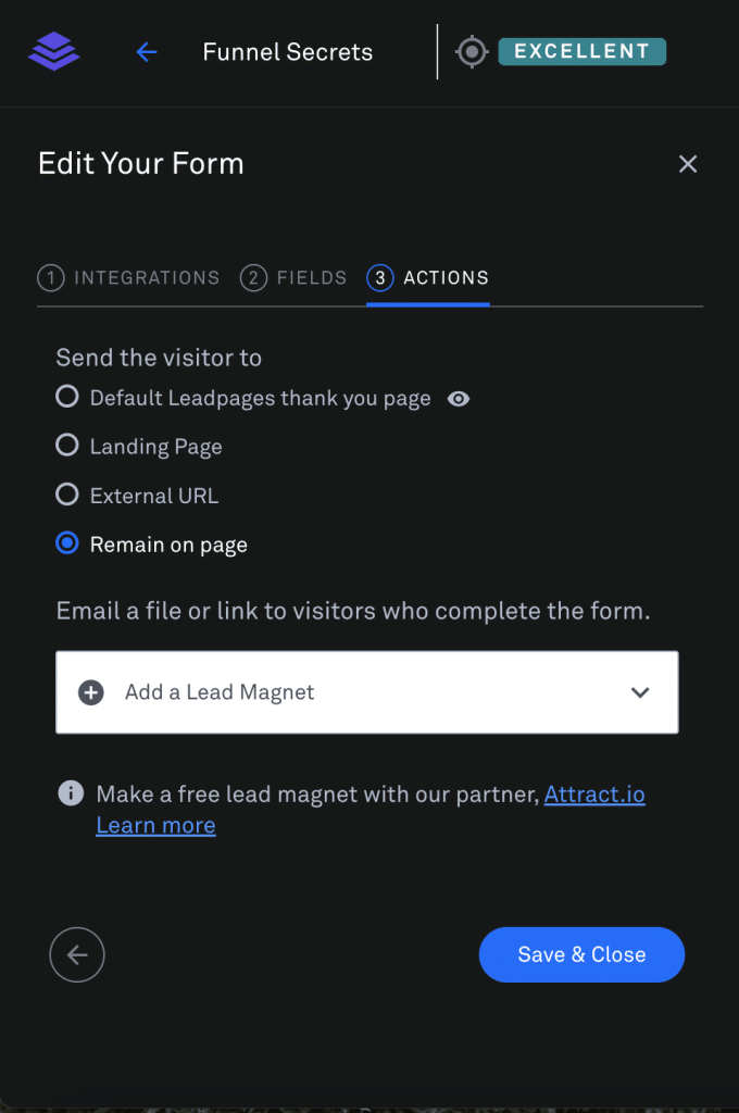 Configuring lead magnets in Leadpages form actions