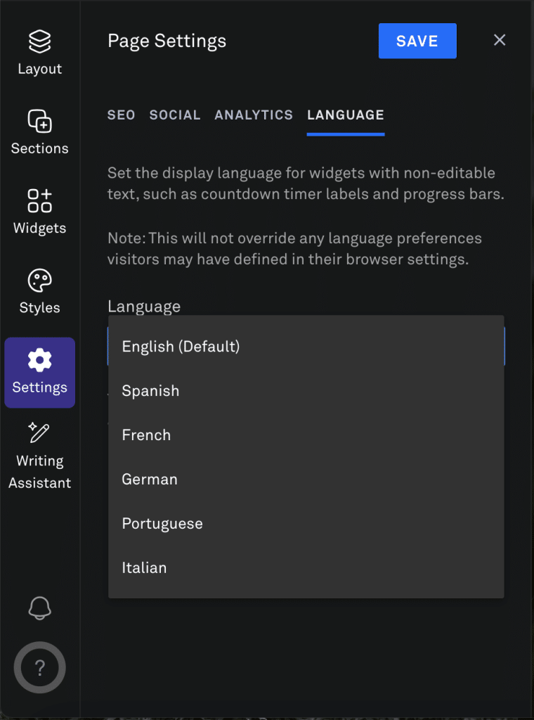 Leadpages review: set display language for widgets