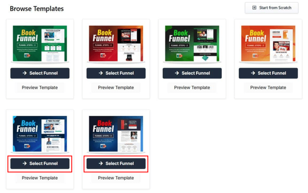 Select or preview Book Funnel Templates from Clickfunnels library