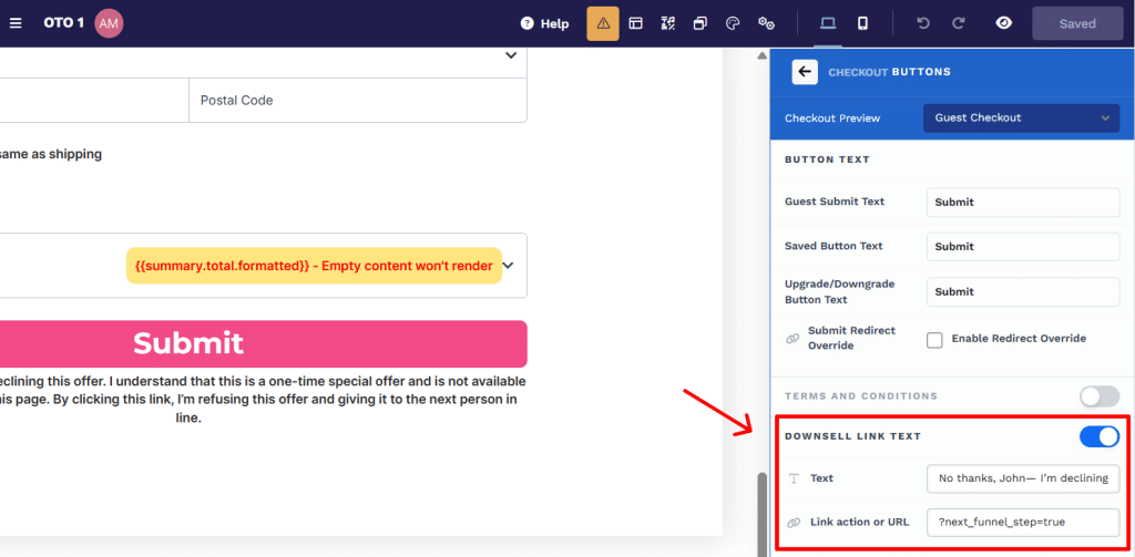 Config Downsell text and link action in Clickfunnels 2.0