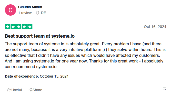 systeme.io positive reviews about customers support quick response within one hour