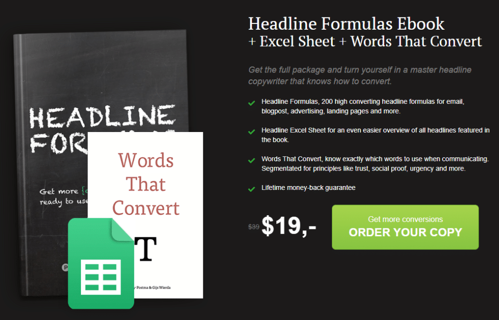 tripwire funnel example: headline formulas ebook upsell $19