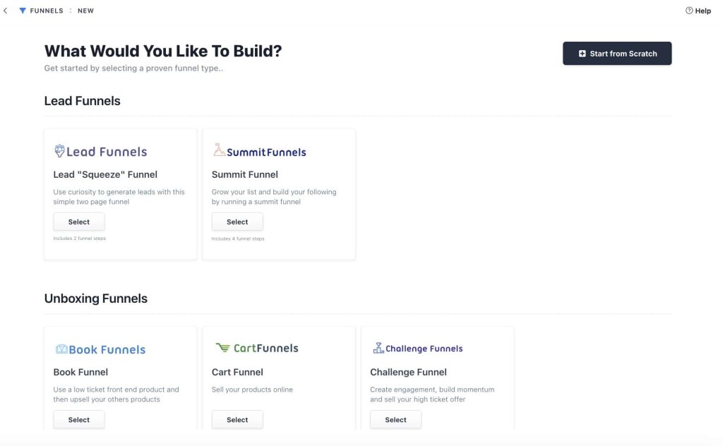 Clickfunnels 2.0 choose Funnel type