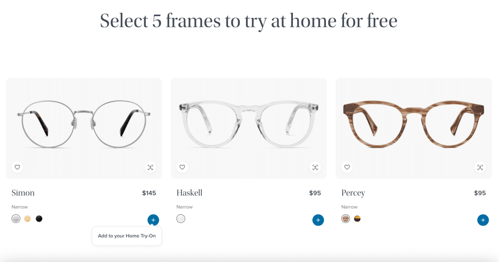 Screenshot of a website featuring a product discovery quiz  to help you choose from three eyeglass frames—Simon ($145), Haskell ($95), and Percey ($95)—with photos, style details, and options to select and try them at home for free.