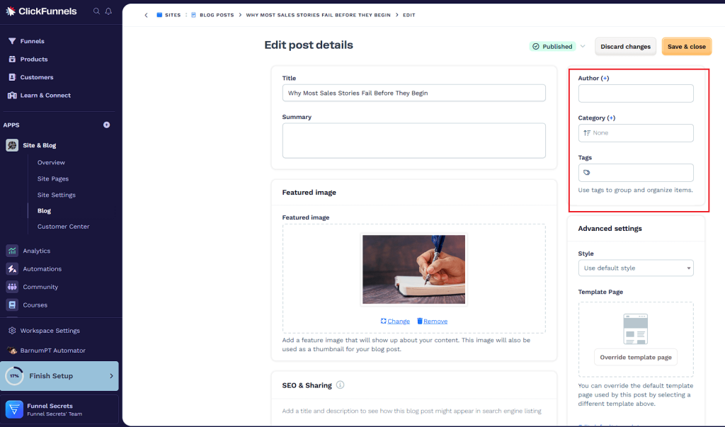 clickfunnels add author category tags