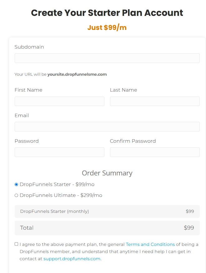 dropfunnels checkout page shows two plans $99/month and $299/month.