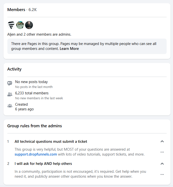 Evidence of the inactive DropFunnels Facebook group, highlighting platform stability concerns in our ClickFunnels vs DropFunnels analysis.