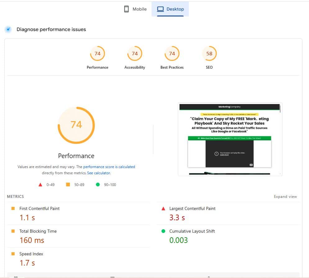 clickfunnels page speed test desktop 74/100