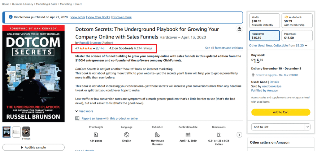 Dotcom Secrets book reviews: 4.7 stars on Amazon and 4.2 on Goodreads