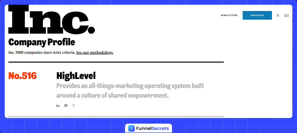 GoHighlevel rank #516 on Inc.5000
